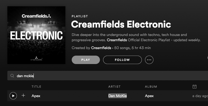 Dan McKie Creamfields Spotify Playlist